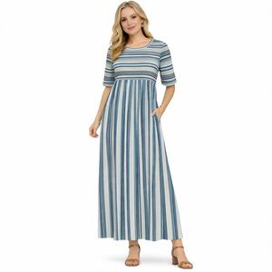 Annabelle Maxi Dress Striped White Blue Black Empire Waist Size S NWT